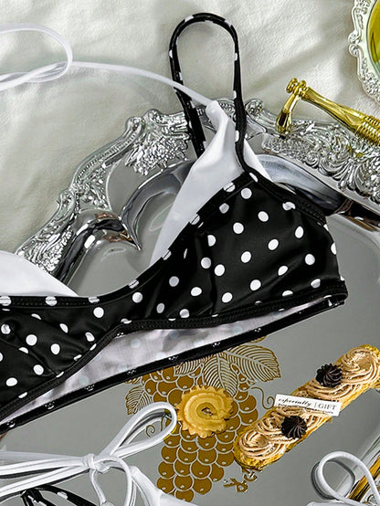 Women's Vintage Black Polka Dot Bikini Swimsuit, Casual Fashion Vacation Set Beach Summer