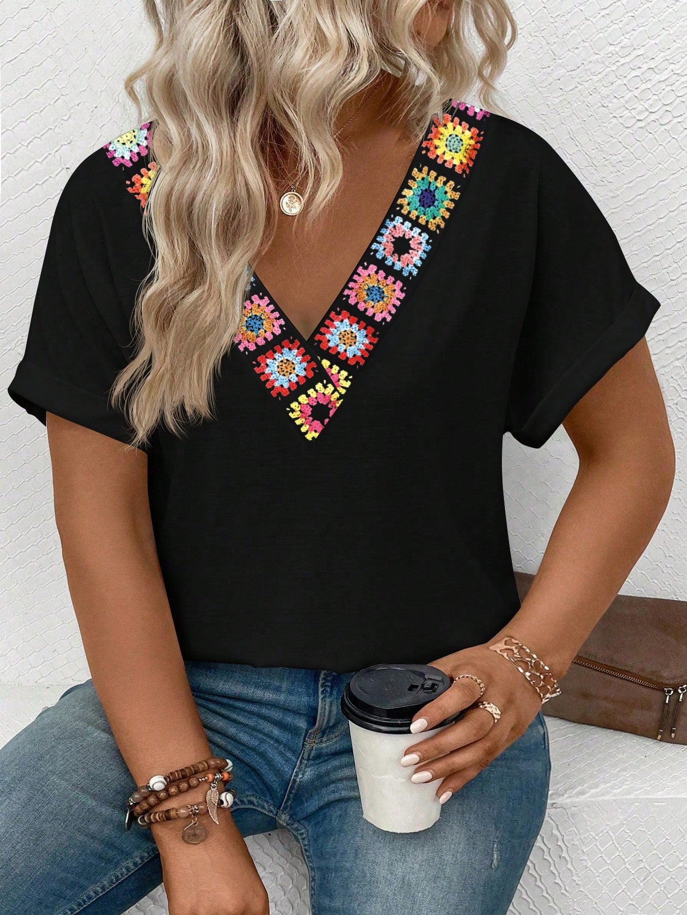 Women's Vintage Floral Print V-Neck Short Sleeve Flounce Cuff Casual T-Shirt, Versatile Plus Size, Spring/Summer
