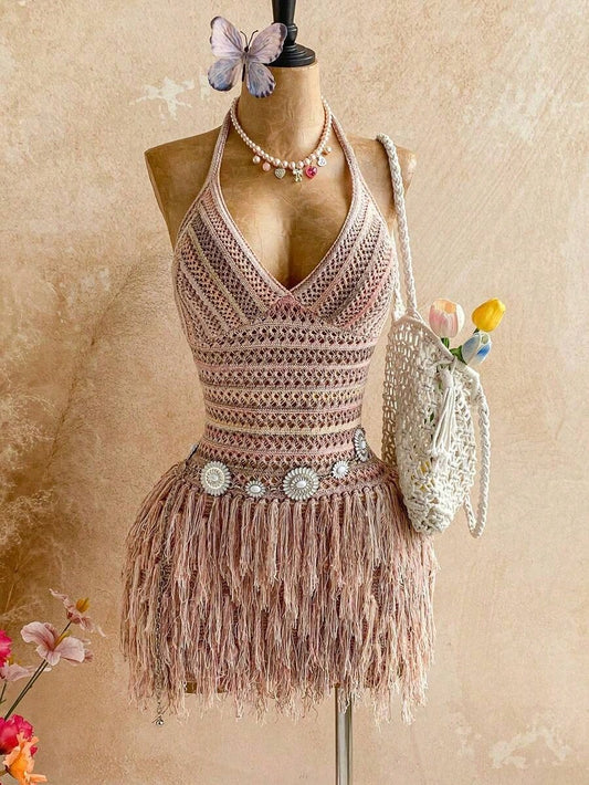 Women's Vintage Maillard Color Tassel Hem V-Neck Halter Mini Dress, Suitable For Cruise, Holiday, Date, Afternoon Tea, Party, Nightclub, Beach, Island Resort, Road Trip, Hippie, Music Festival, Weddin