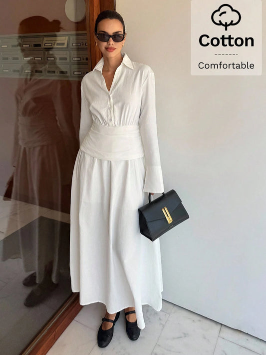 Women's White Long Sleeve Cotton Linen Shirt Dress,Elegant Old Money Style Midi Dress For Summer Tea Party,Business Casual Fall Wedding Guest Dress