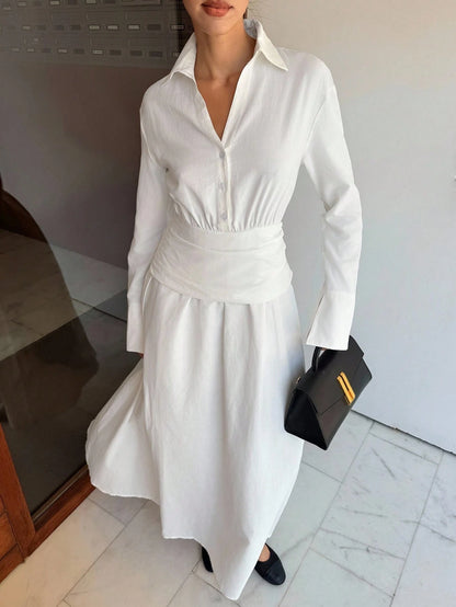 Women's White Long Sleeve Cotton Linen Shirt Dress,Elegant Old Money Style Midi Dress For Summer Tea Party,Business Casual Fall Wedding Guest Dress
