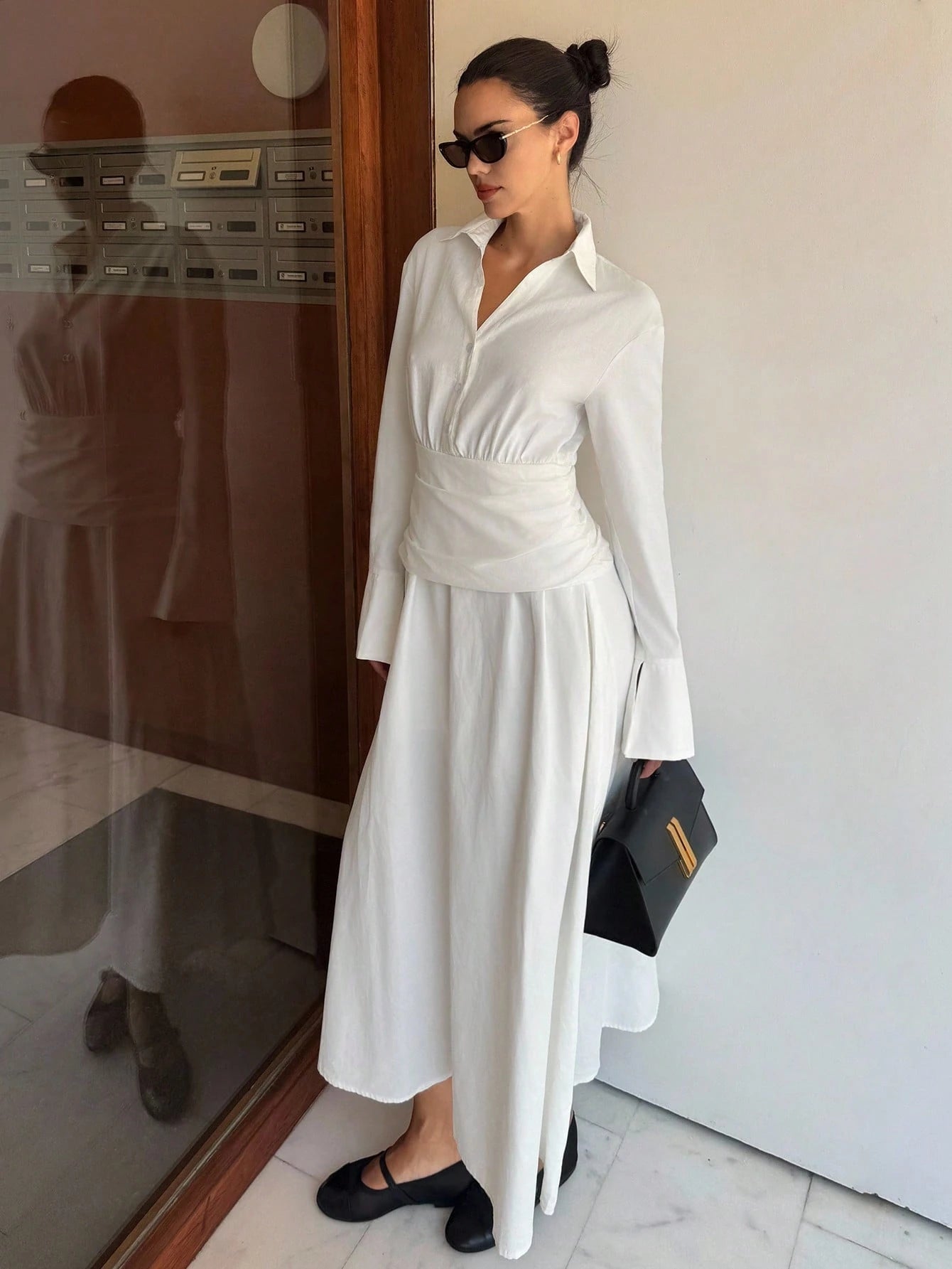 Women's White Long Sleeve Cotton Linen Shirt Dress,Elegant Old Money Style Midi Dress For Summer Tea Party,Business Casual Fall Wedding Guest Dress