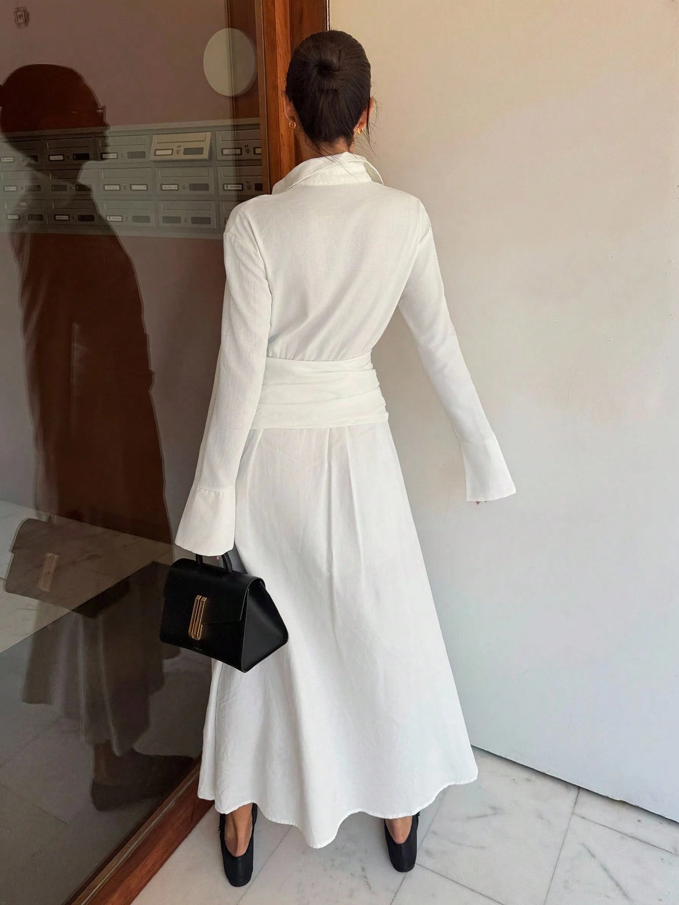 Women's White Long Sleeve Cotton Linen Shirt Dress,Elegant Old Money Style Midi Dress For Summer Tea Party,Business Casual Fall Wedding Guest Dress
