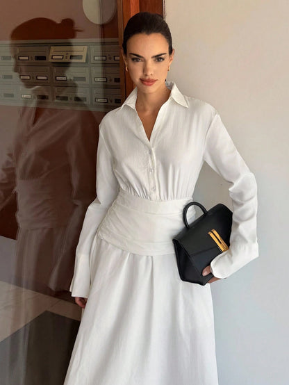 Women's White Long Sleeve Cotton Linen Shirt Dress,Elegant Old Money Style Midi Dress For Summer Tea Party,Business Casual Fall Wedding Guest Dress