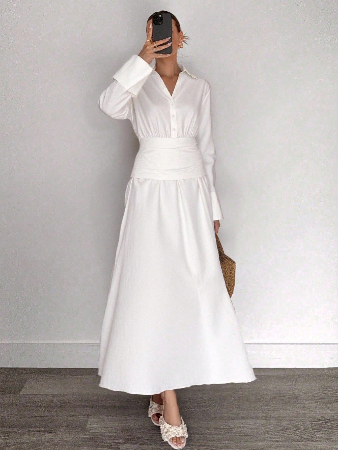 Women's White Long Sleeve Cotton Linen Shirt Dress,Elegant Old Money Style Midi Dress For Summer Tea Party,Business Casual Fall Wedding Guest Dress