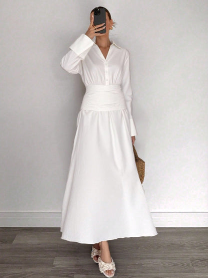 Women's White Long Sleeve Cotton Linen Shirt Dress,Elegant Old Money Style Midi Dress For Summer Tea Party,Business Casual Fall Wedding Guest Dress