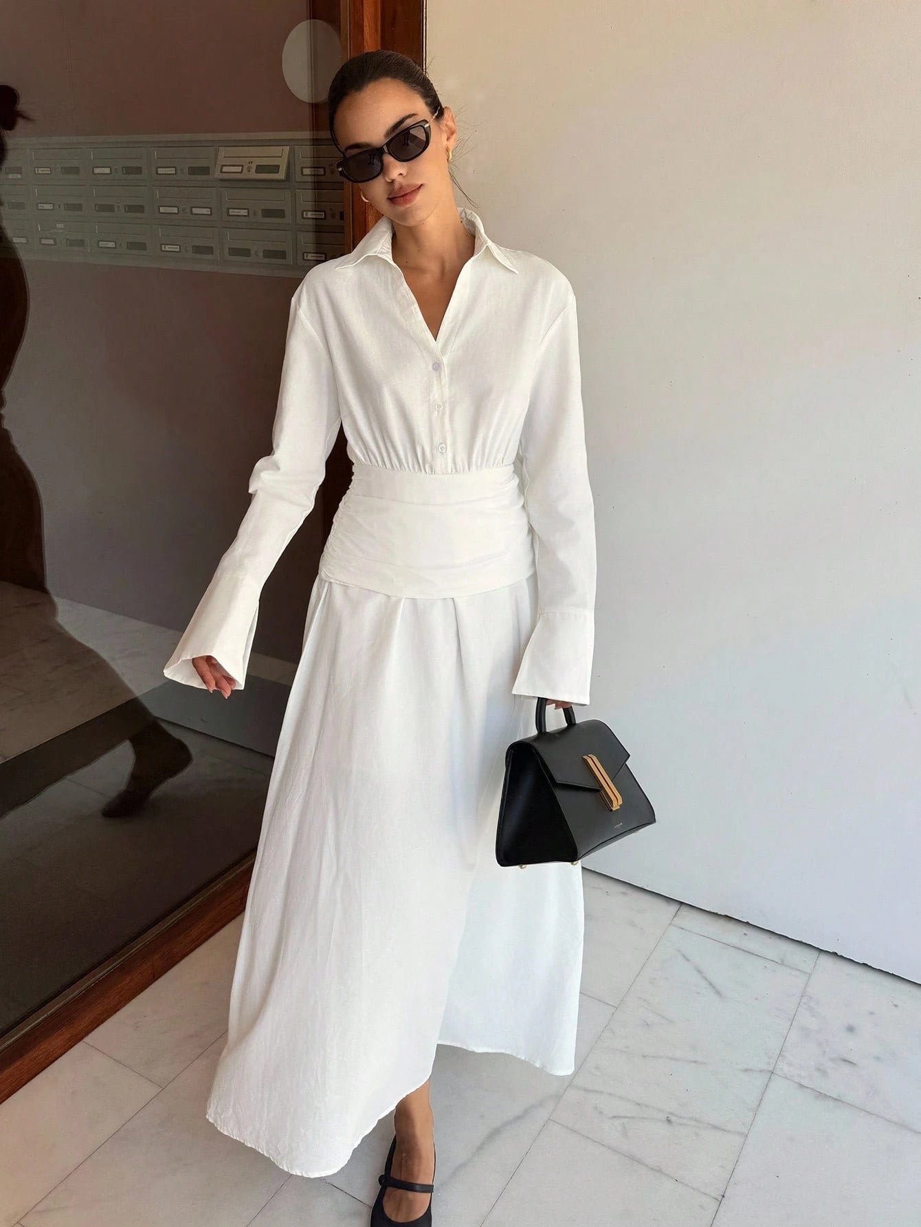 Women's White Long Sleeve Cotton Linen Shirt Dress,Elegant Old Money Style Midi Dress For Summer Tea Party,Business Casual Fall Wedding Guest Dress
