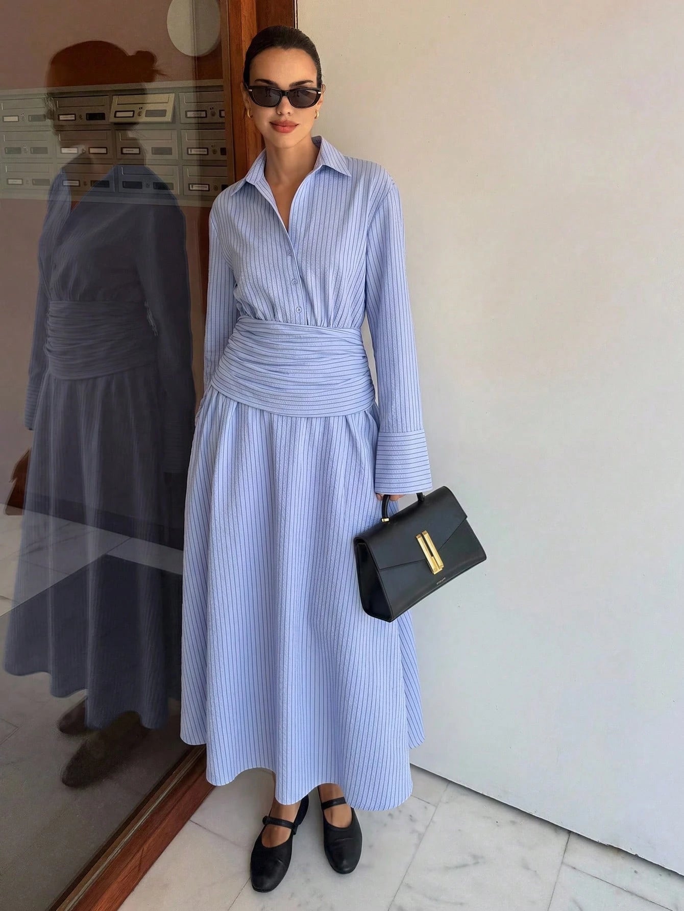 Women's White Long Sleeve Cotton Linen Shirt Dress,Elegant Old Money Style Midi Dress For Summer Tea Party,Business Casual Fall Wedding Guest Dress