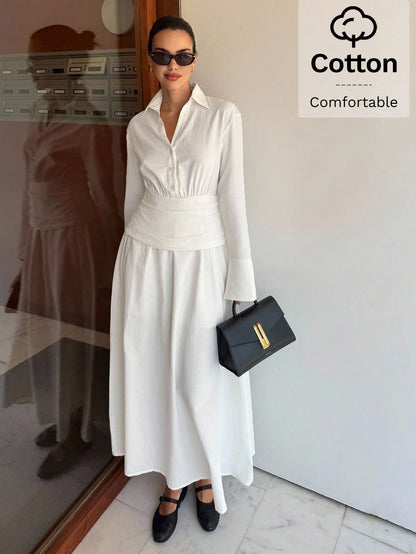 Women's White Long Sleeve Cotton Linen Shirt Dress,Elegant Old Money Style Midi Dress For Summer Tea Party,Business Casual Fall Wedding Guest Dress