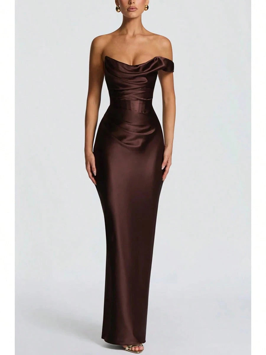 Women Satin One Shoulder Bodycon Maxi Dress Elegant Evening Party Gown