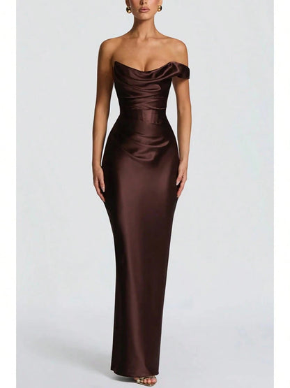 Women Satin One Shoulder Bodycon Maxi Dress Elegant Evening Party Gown