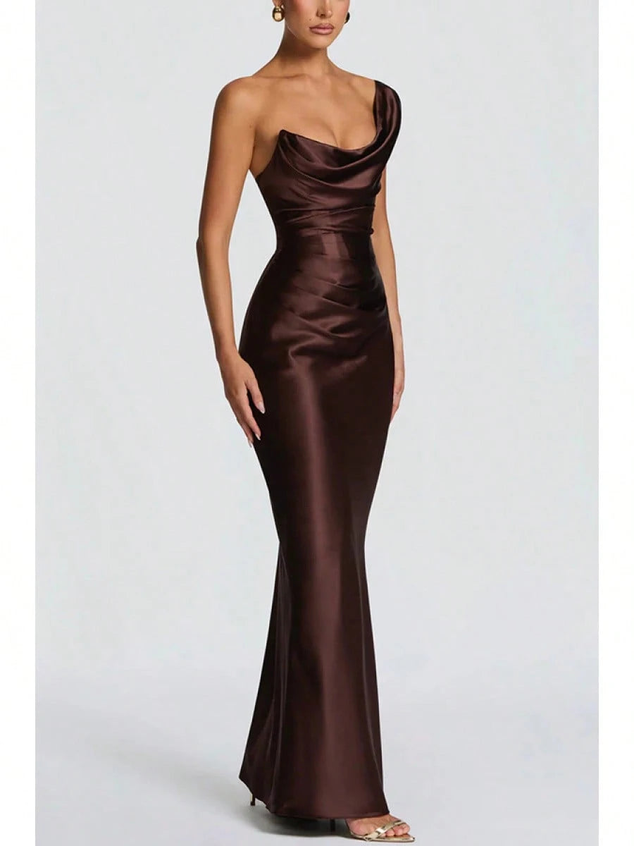 Women Satin One Shoulder Bodycon Maxi Dress Elegant Evening Party Gown