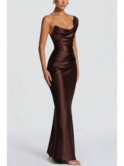 Women Satin One Shoulder Bodycon Maxi Dress Elegant Evening Party Gown