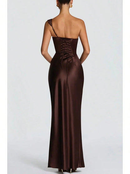 Women Satin One Shoulder Bodycon Maxi Dress Elegant Evening Party Gown