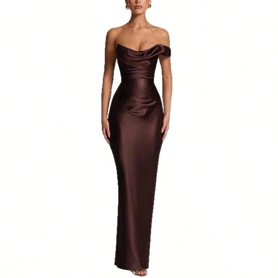 Women Satin One Shoulder Bodycon Maxi Dress Elegant Evening Party Gown