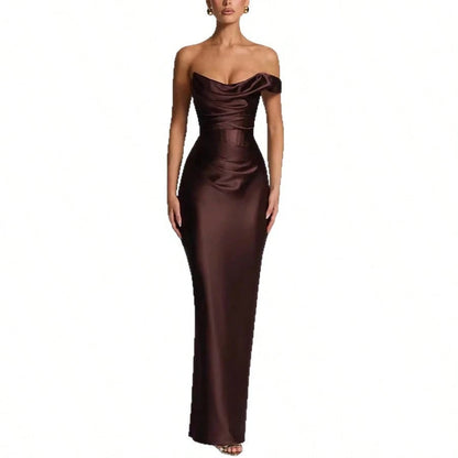 Women Satin One Shoulder Bodycon Maxi Dress Elegant Evening Party Gown