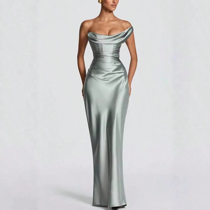 Women Satin One Shoulder Bodycon Maxi Dress Elegant Evening Party Gown