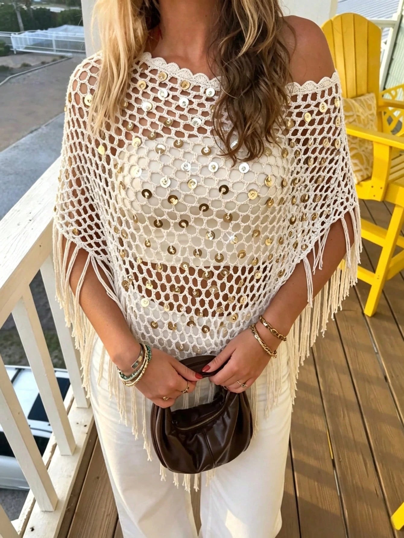Women Sequin Tassel Hem Boho Crochet Shiny Cover Up Shawl, Suitable For Spring/Summer, Beach, Pool Party, Music Festival Vacation White