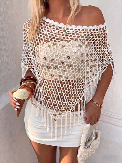 Women Sequin Tassel Hem Boho Crochet Shiny Cover Up Shawl, Suitable For Spring/Summer, Beach, Pool Party, Music Festival Vacation White