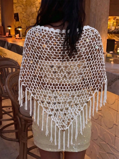 Women Sequin Tassel Hem Boho Crochet Shiny Cover Up Shawl, Suitable For Spring/Summer, Beach, Pool Party, Music Festival Vacation White
