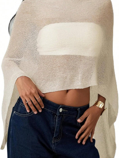 Women Sheer Knit Crochet Poncho Top Mesh Off Shoulder Shrug Summer Asymmetrical Shawl See Through Bolero Cover Up Tops