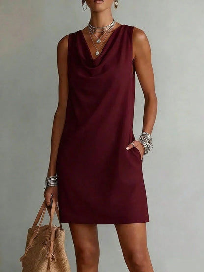 Women Solid Cowl Neck Sleeveless Mini Dress Side Pockets Loose Casual Summer Beach Cover Up Shift Dress