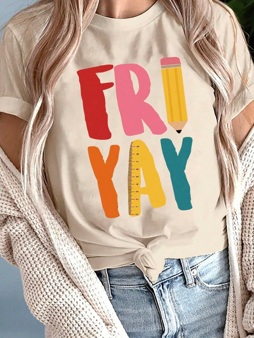 Women Summer Plus Size T-Shirt, FRIYAY Letter With Pencil Ruler Colorful Teacher Theme Graphic Print Tee, 2026 Casual Top & Back To School Boho