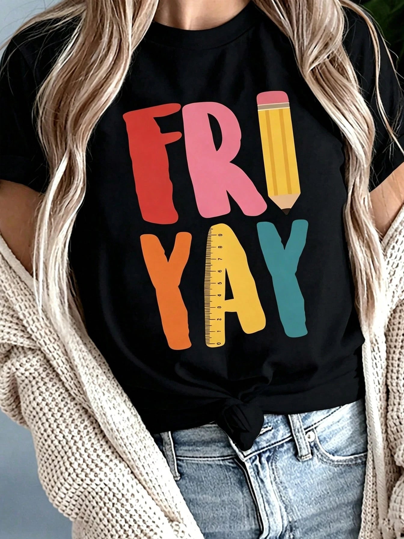 Women Summer Plus Size T-Shirt, FRIYAY Letter With Pencil Ruler Colorful Teacher Theme Graphic Print Tee, 2026 Casual Top & Back To School Boho