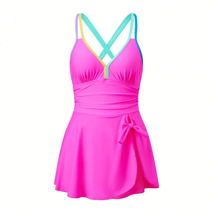 Women Swim Dress Sleeveless V-Neck Contrast Color Tie Knot Summer Beach Dress Swimwear