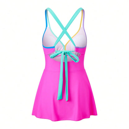 Women Swim Dress Sleeveless V-Neck Contrast Color Tie Knot Summer Beach Dress Swimwear