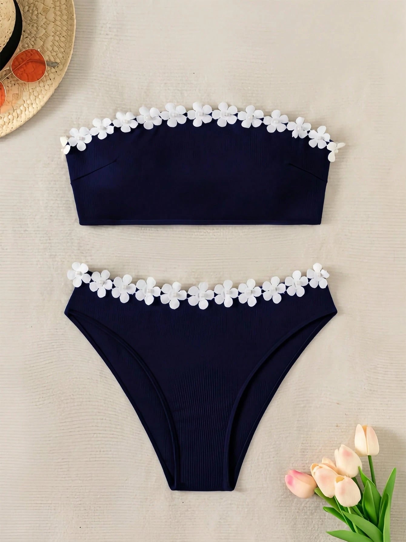 Women Swimwear Summer Beachwear Cute Floral Patched Bandeau Two Pieces Bathing Suit