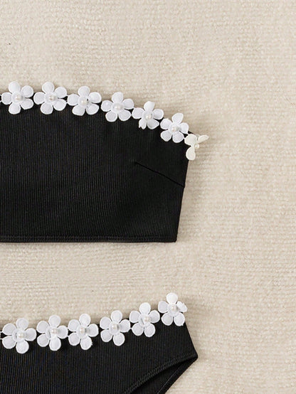 Women Swimwear Summer Beachwear Cute Floral Patched Bandeau Two Pieces Bathing Suit