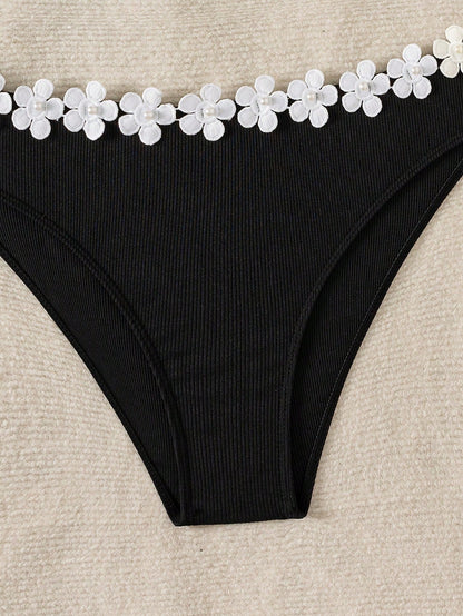 Women Swimwear Summer Beachwear Cute Floral Patched Bandeau Two Pieces Bathing Suit