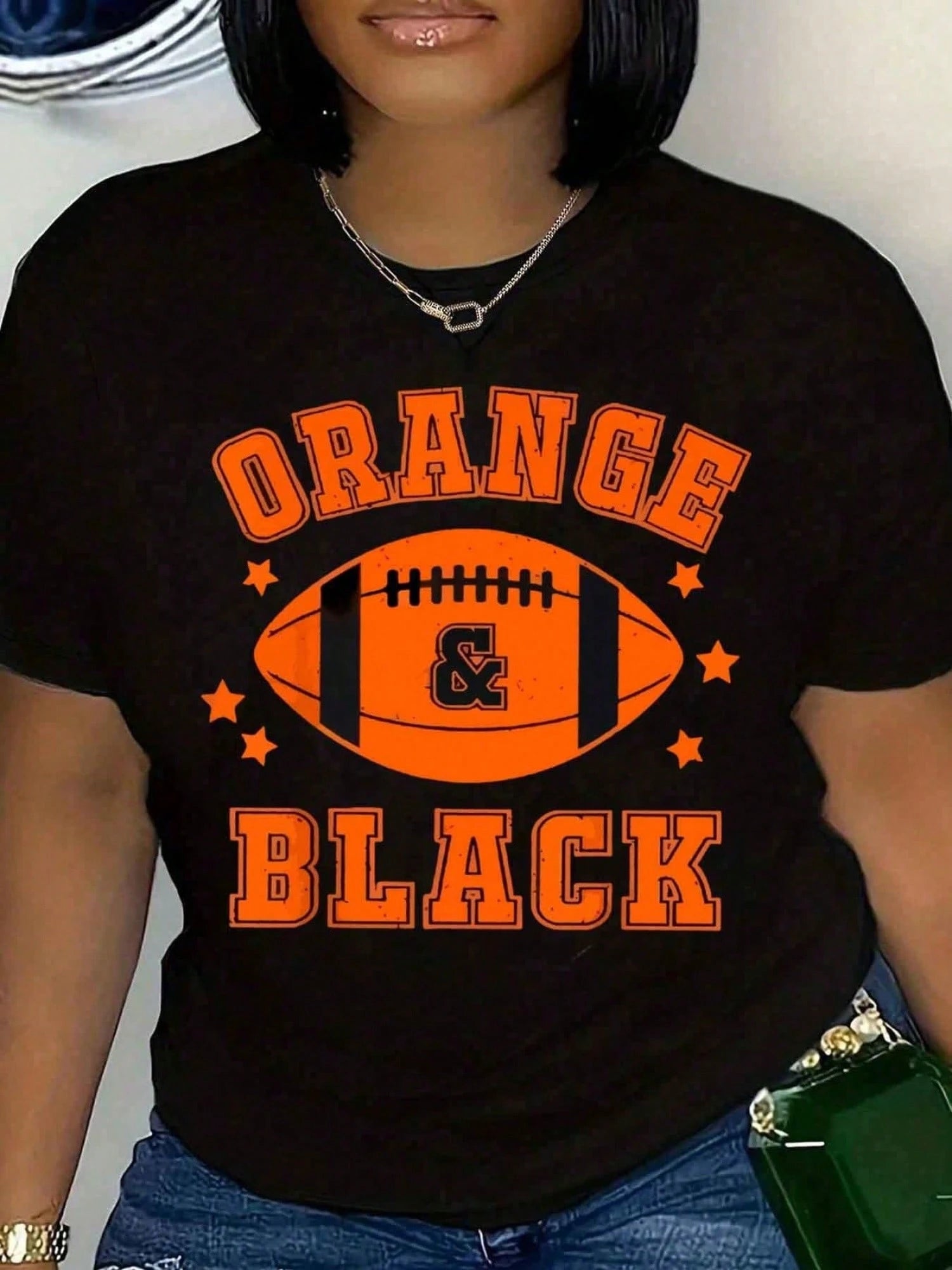 Women T Shirt Orange And Black Football Print Short Sleeve Round Neck Casual Wear