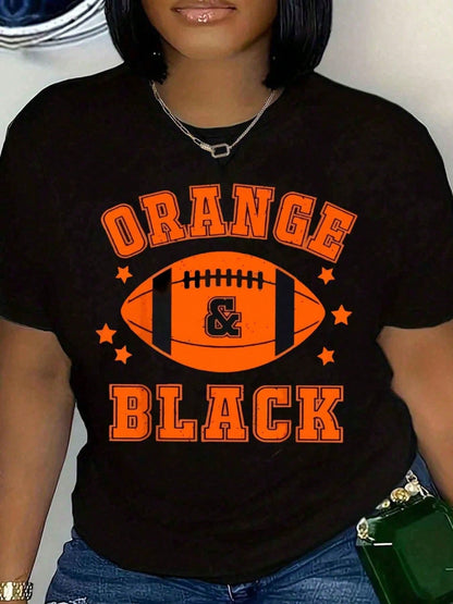 Women T Shirt Orange And Black Football Print Short Sleeve Round Neck Casual Wear