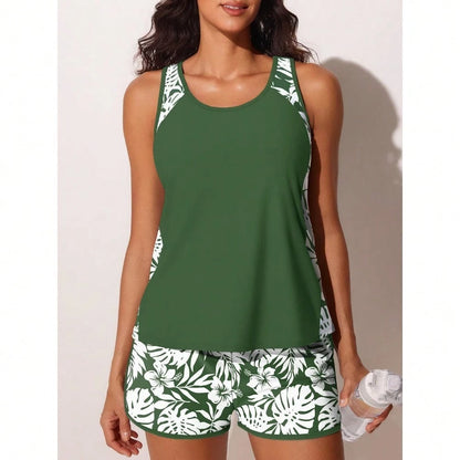 Women Tropical Leaf Color Block Tankini With Shorts, Crew Neck Sleeveless Flowy 2 Piece Swimsuit Tummy Control For Summer Beach Resort Pool Holiday