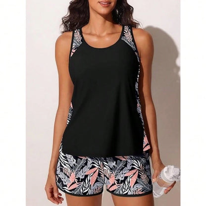 Women Tropical Leaf Color Block Tankini With Shorts, Crew Neck Sleeveless Flowy 2 Piece Swimsuit Tummy Control For Summer Beach Resort Pool Holiday