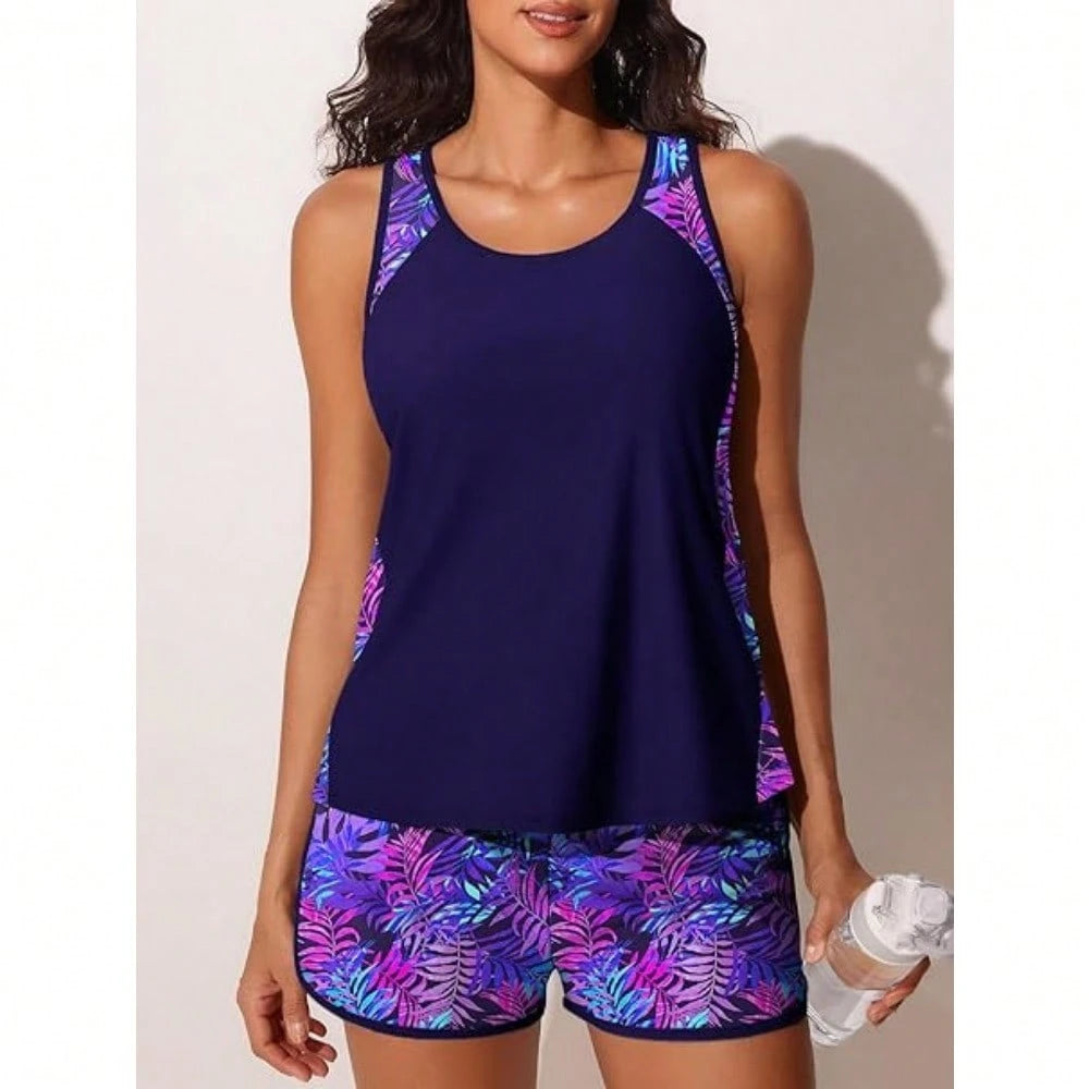 Women Tropical Leaf Color Block Tankini With Shorts, Crew Neck Sleeveless Flowy 2 Piece Swimsuit Tummy Control For Summer Beach Resort Pool Holiday