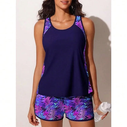 Women Tropical Leaf Color Block Tankini With Shorts, Crew Neck Sleeveless Flowy 2 Piece Swimsuit Tummy Control For Summer Beach Resort Pool Holiday