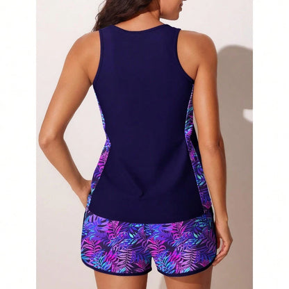 Women Tropical Leaf Color Block Tankini With Shorts, Crew Neck Sleeveless Flowy 2 Piece Swimsuit Tummy Control For Summer Beach Resort Pool Holiday