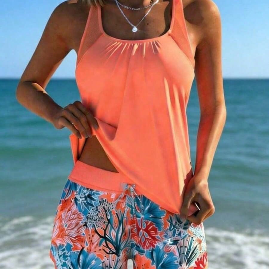 Women Two-Piece Swimsuit Set, Summer Beach Festival Vacation Travel Elegant Solid Bikini Swimwear Casual Beachwear Summer Outfits For Woman Tankinis