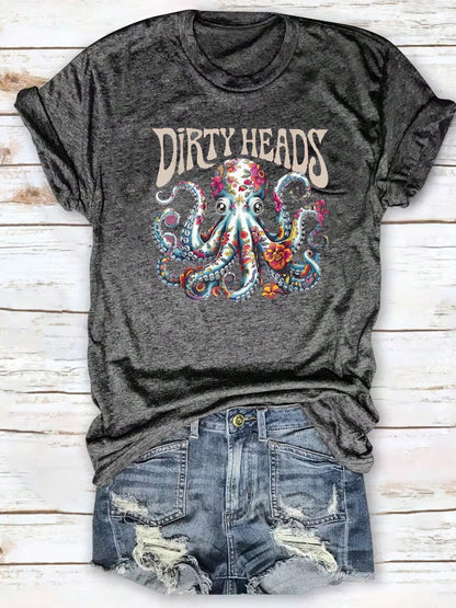 Women Vintage Floral Octopus Graphic Tee, Gift For Music Fans & Ocean Lovers, Colorful Flower Octopus Print Crewneck Short Sleeve Streetwear