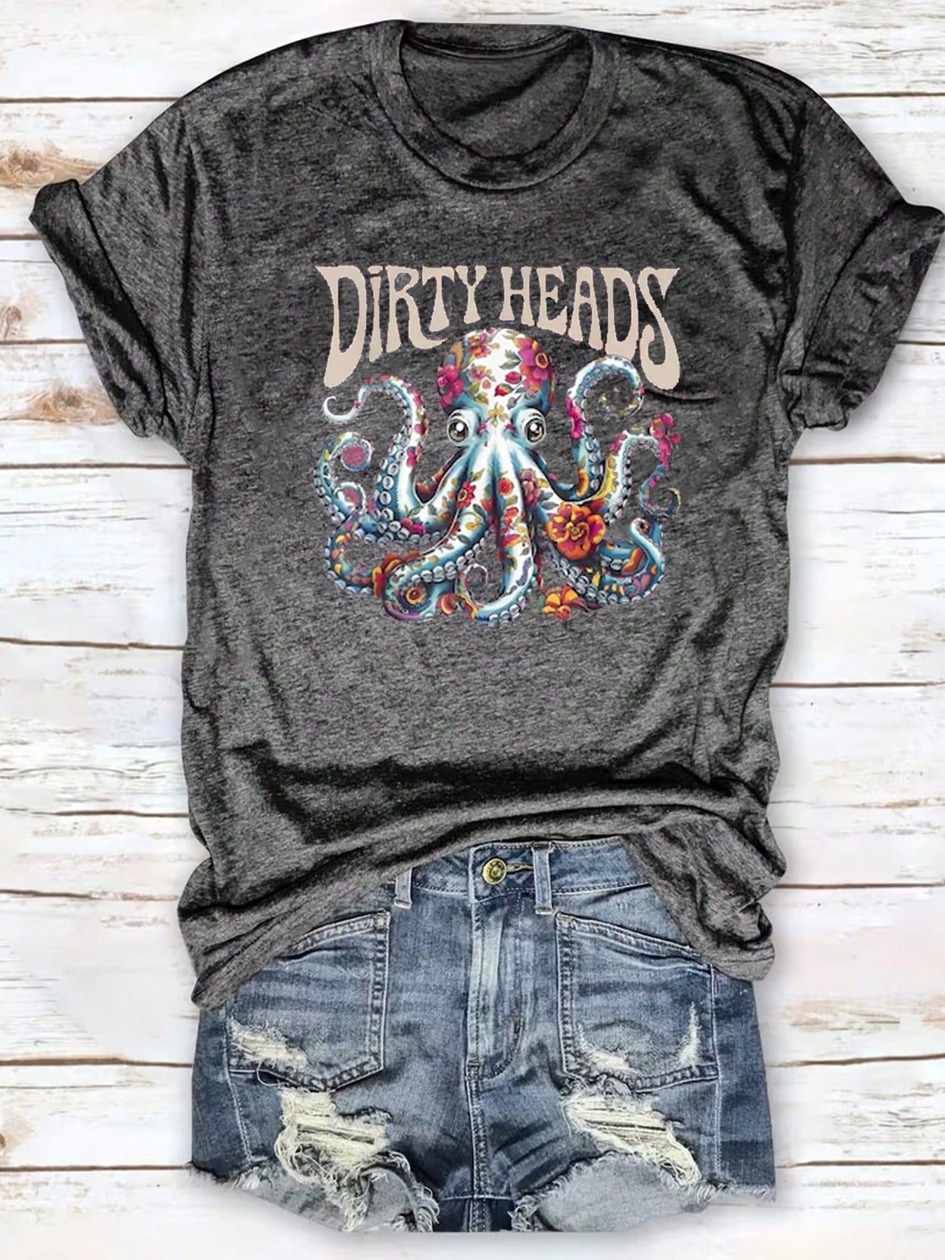 Women Vintage Floral Octopus Graphic Tee, Gift For Music Fans & Ocean Lovers, Colorful Flower Octopus Print Crewneck Short Sleeve Streetwear