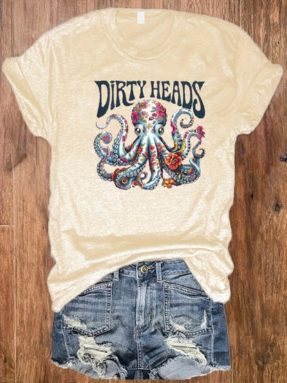 Women Vintage Floral Octopus Graphic Tee, Gift For Music Fans & Ocean Lovers, Colorful Flower Octopus Print Crewneck Short Sleeve Streetwear