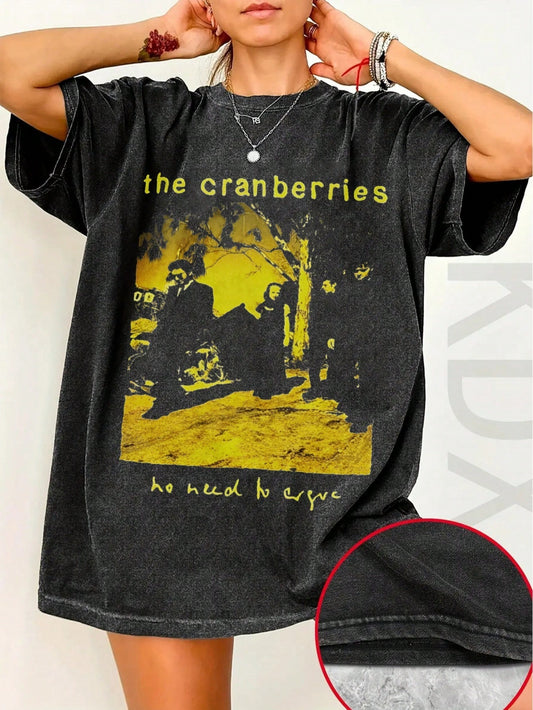 Women Vintage Washed Cotton Short Sleeve Tee, The Cranberries No Need To Cry Graphic Print, Retro Streetwear Casual Tops