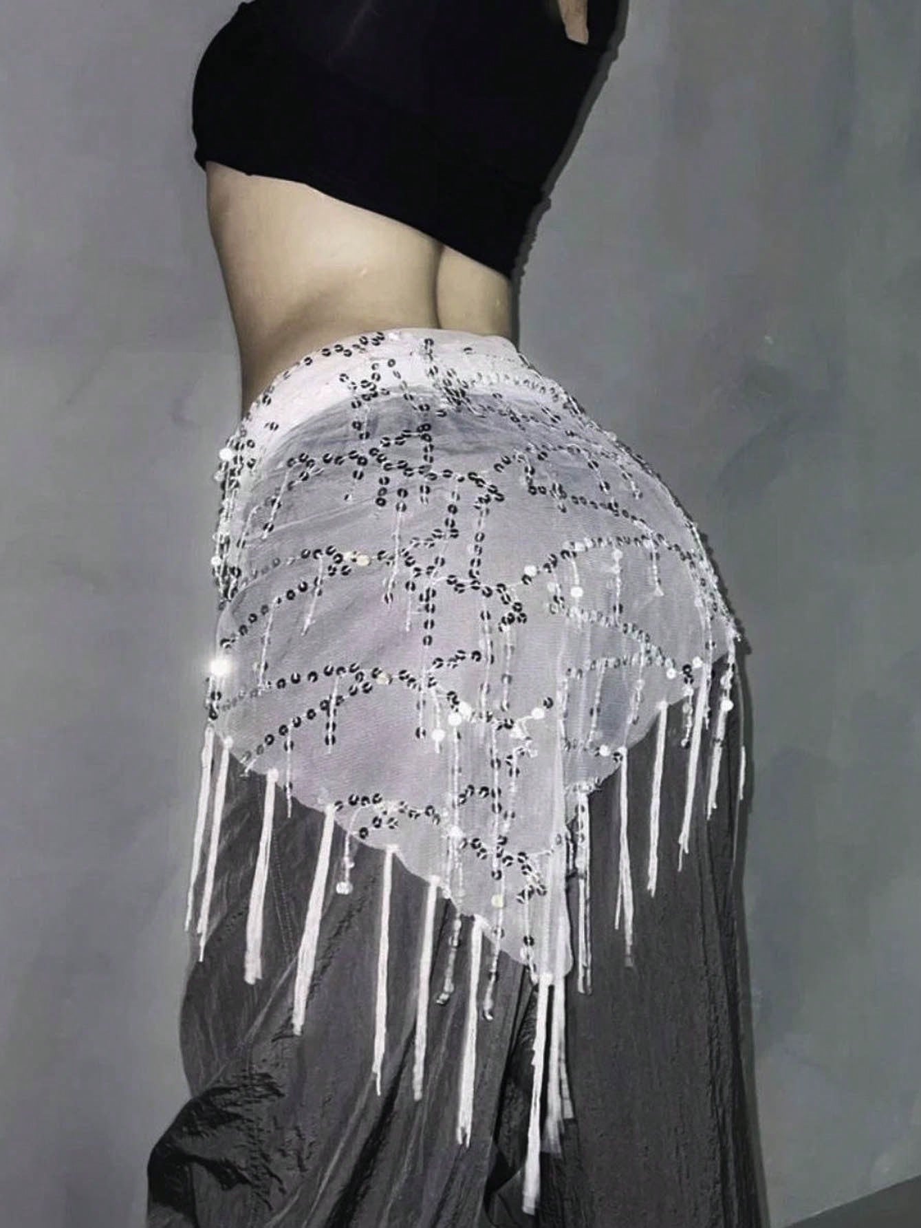 Women Y2K Glam Fringe Belly Wrap, Sequin Embellished Sheer Mesh Asymmetrical Tie Waist Skirt Cover Up For Club Party Night Out