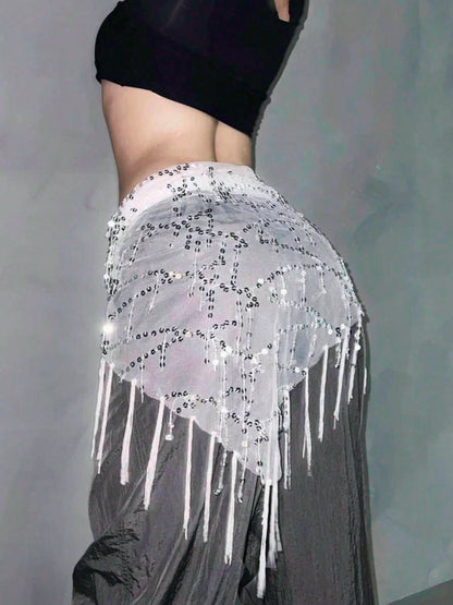 Women Y2K Glam Fringe Belly Wrap, Sequin Embellished Sheer Mesh Asymmetrical Tie Waist Skirt Cover Up For Club Party Night Out