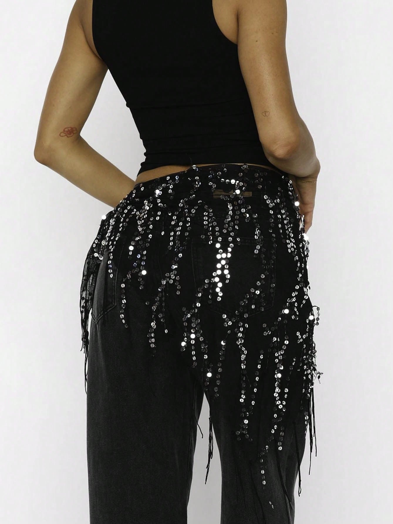 Women Y2K Glam Fringe Belly Wrap, Sequin Embellished Sheer Mesh Asymmetrical Tie Waist Skirt Cover Up For Club Party Night Out