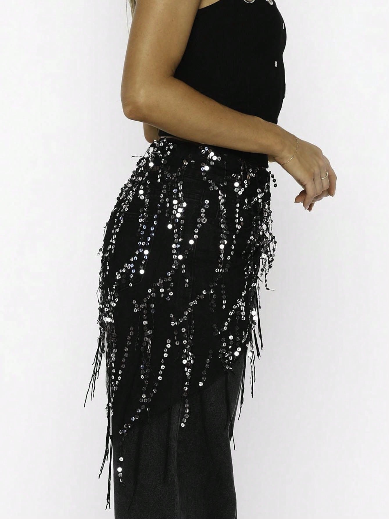 Women Y2K Glam Fringe Belly Wrap, Sequin Embellished Sheer Mesh Asymmetrical Tie Waist Skirt Cover Up For Club Party Night Out