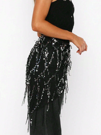 Women Y2K Glam Fringe Belly Wrap, Sequin Embellished Sheer Mesh Asymmetrical Tie Waist Skirt Cover Up For Club Party Night Out